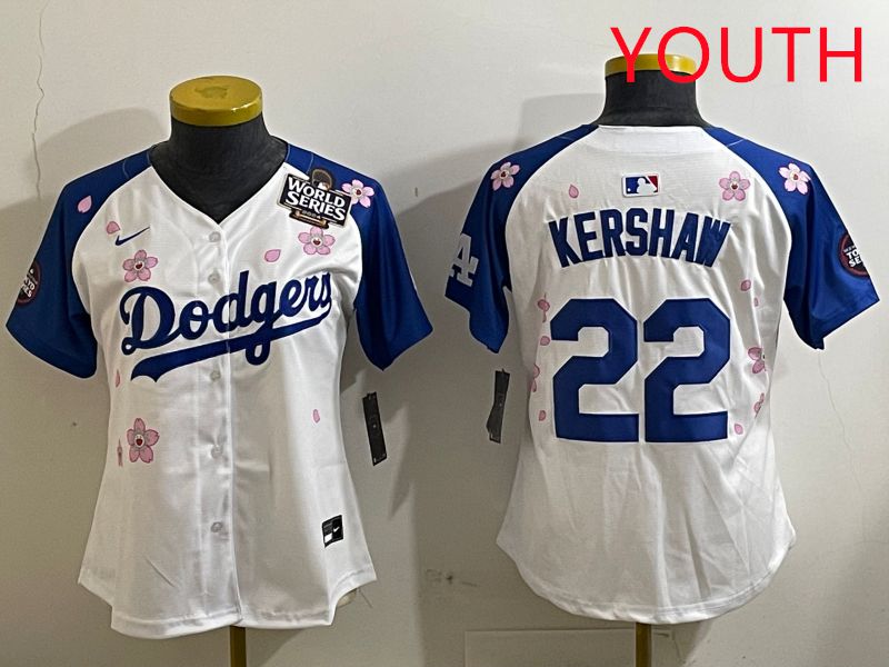 Youth Los Angeles Dodgers 22 Kershaw White Blue Sakura Edition 2025 Nike MLB Jersey style 6